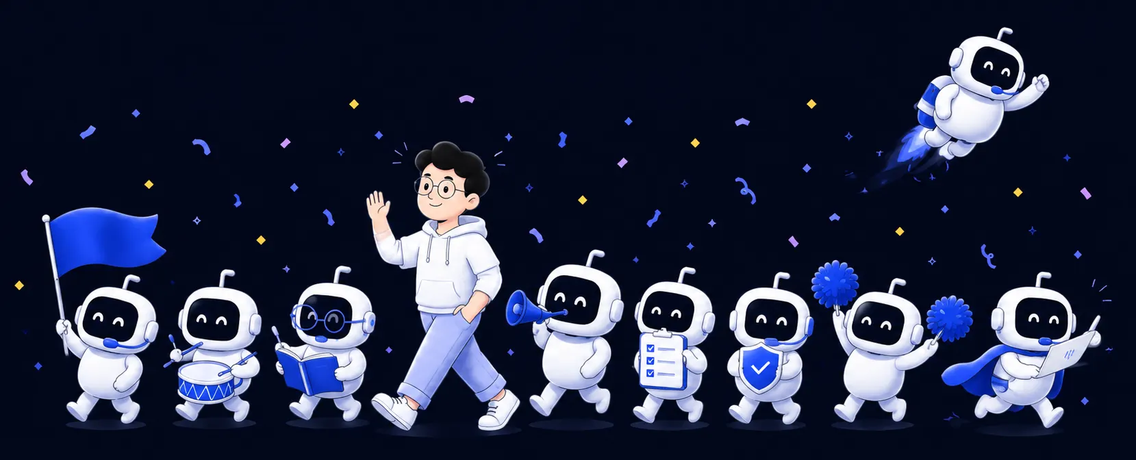 A person walking at the head of a parade of cheering robots, under falling confetti