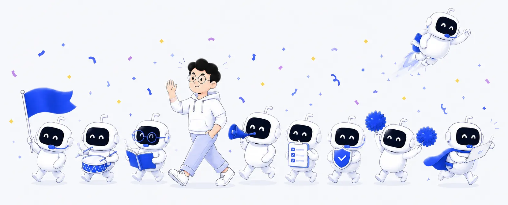 A person walking at the head of a parade of cheering robots, under falling confetti
